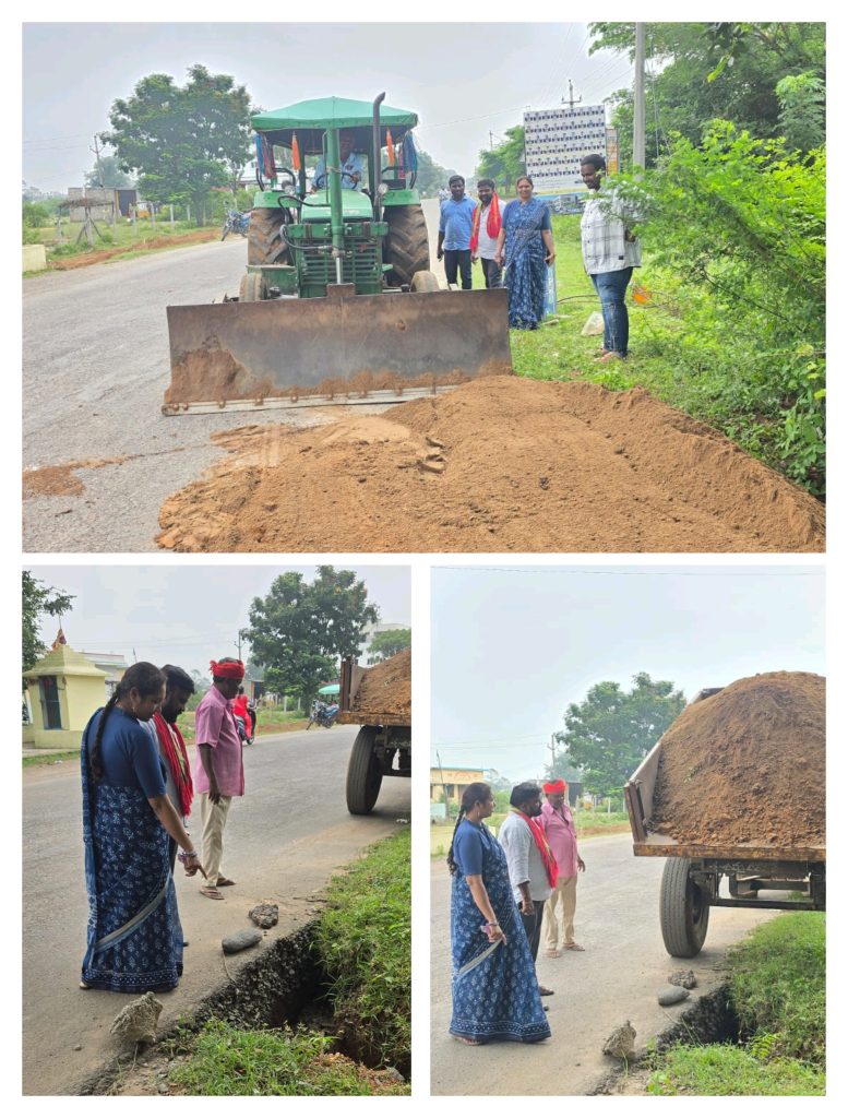 జన్నారం మండలం పొనకల్&zwnj;లో ప్రమాద నివారణకు రోడ్డు పక్కన గుంత పూడ్చివేత
